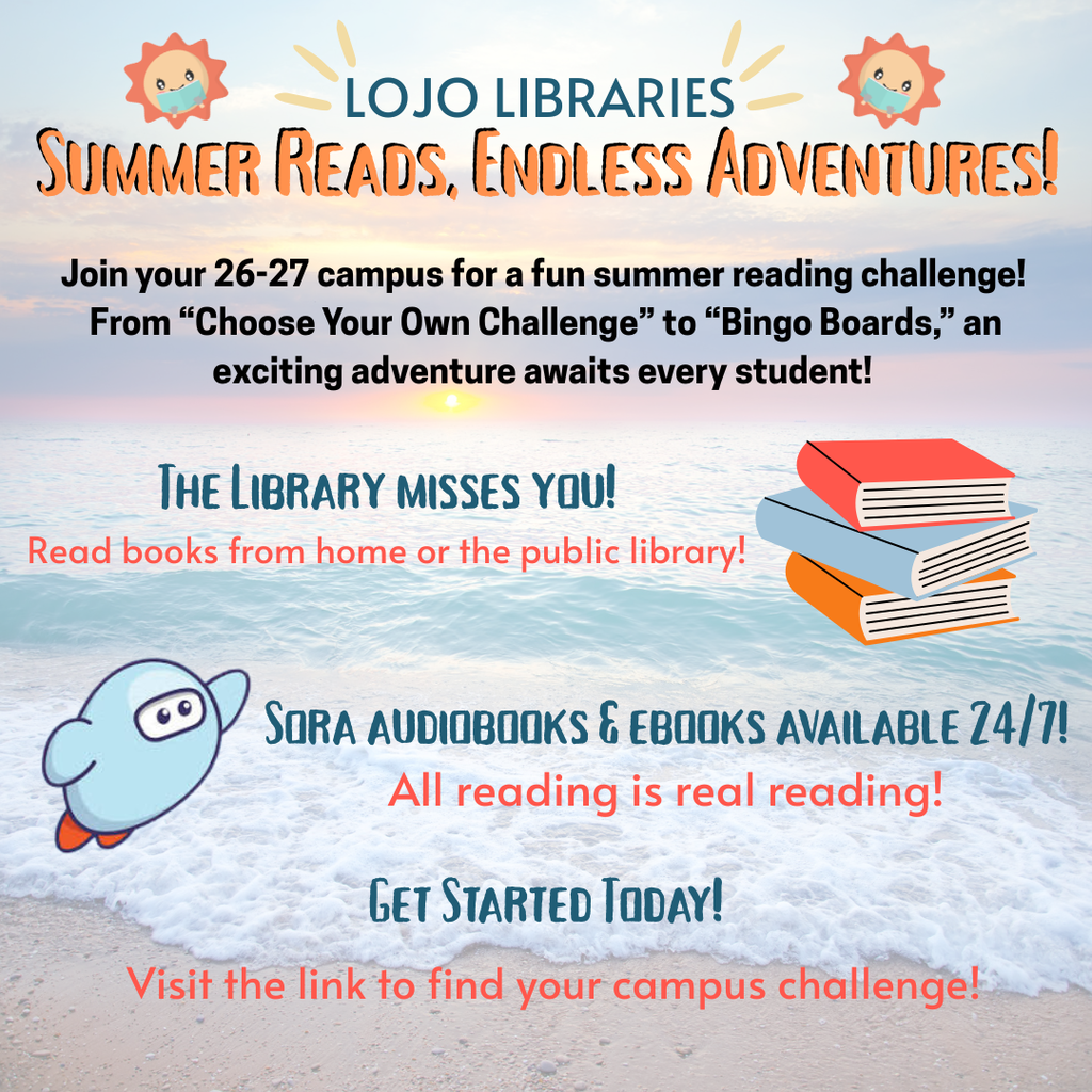 An advertisement for a summer reading challenge. A beach scene with a rising sun. Books and an ocean wave.