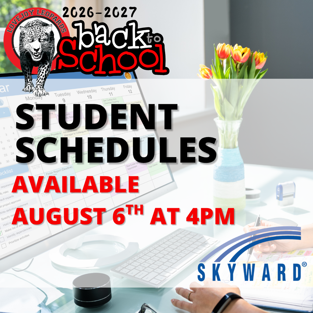 An ad for student schedules features a computer monitor, keyboard, tulips in a vase, and hands typing.
