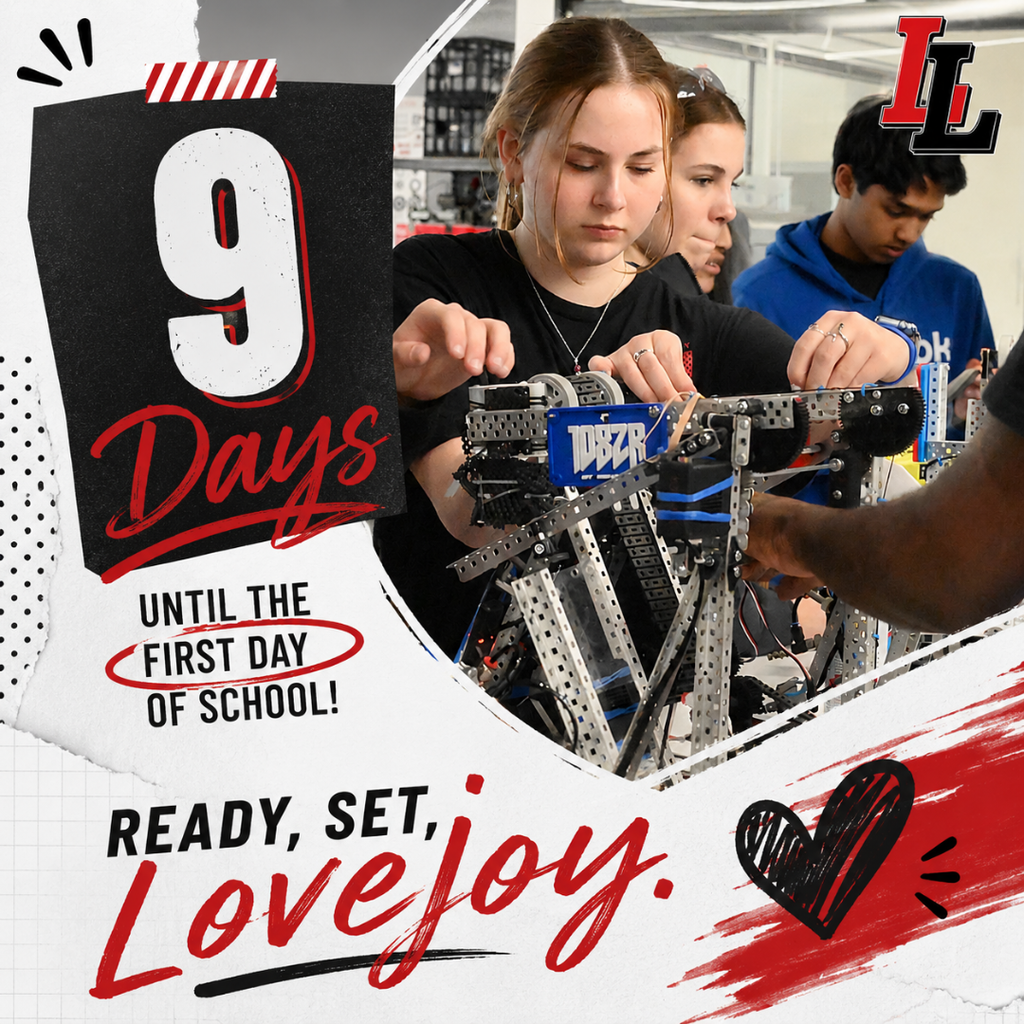 A group of students, one wearing a black shirt, work on a robot in a workshop. 9 days until the first day of school.