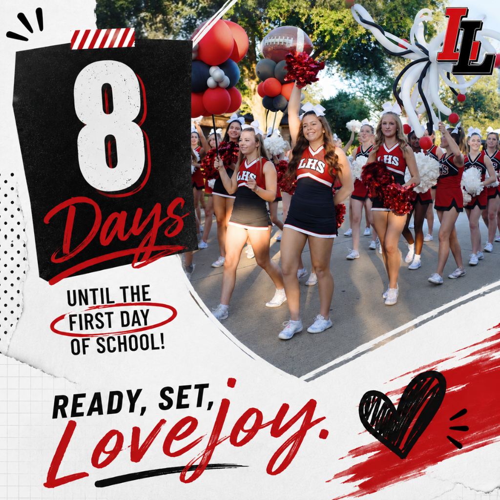 Black and white poster with "8 Days Until the First Day of School!" in red. A group of cheerleaders in red and black uniforms march.