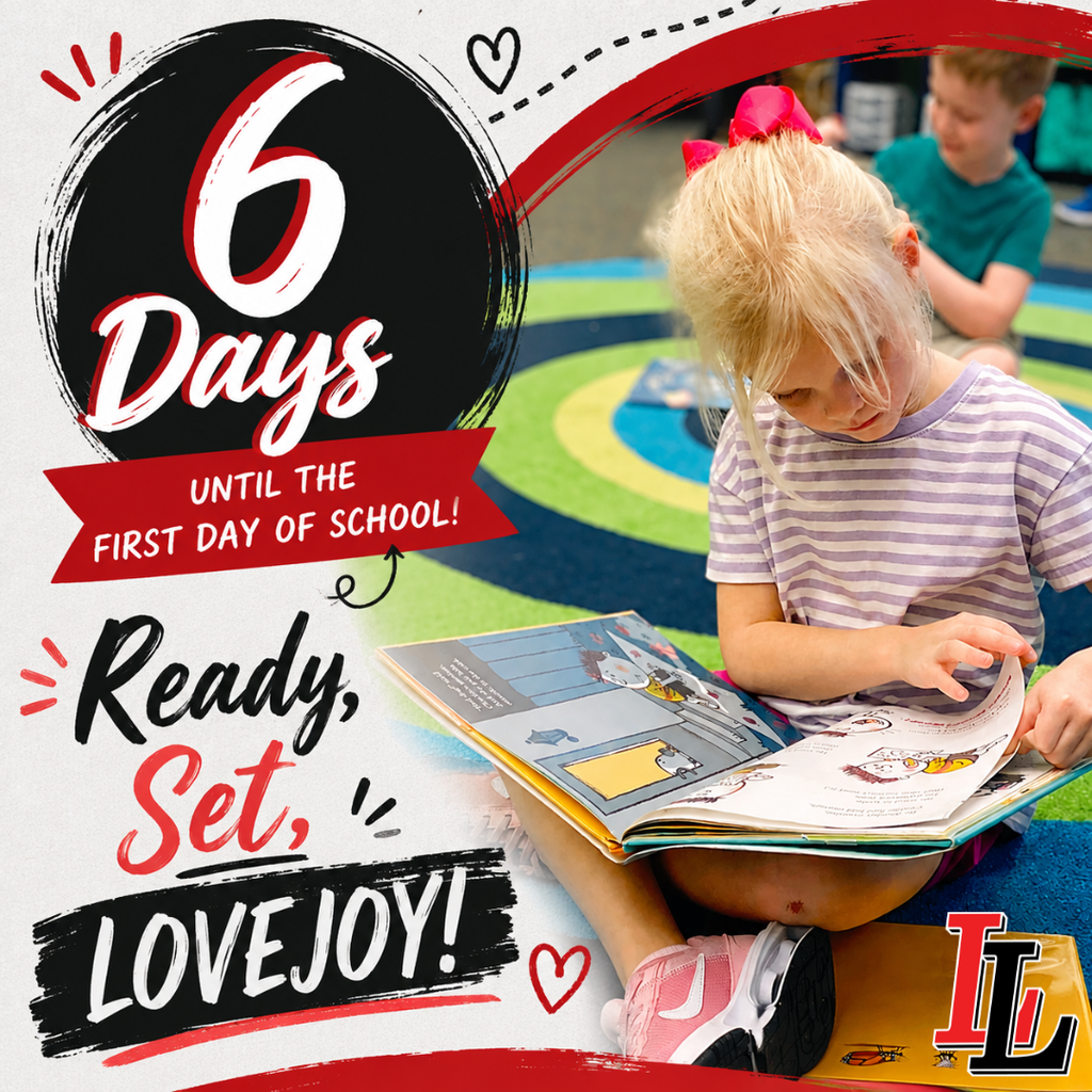A child sits on a carpet, engrossed in a book. Text overlays read "6 Days until the First Day of School!"