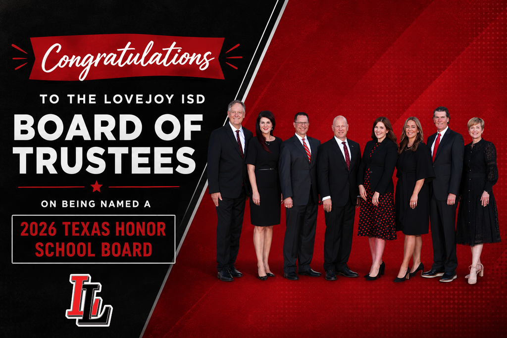 A group of individuals dressed in formal attire stands on a red background. Text reads "Congratulations to the Lovejoy ISD Board of Trustees."