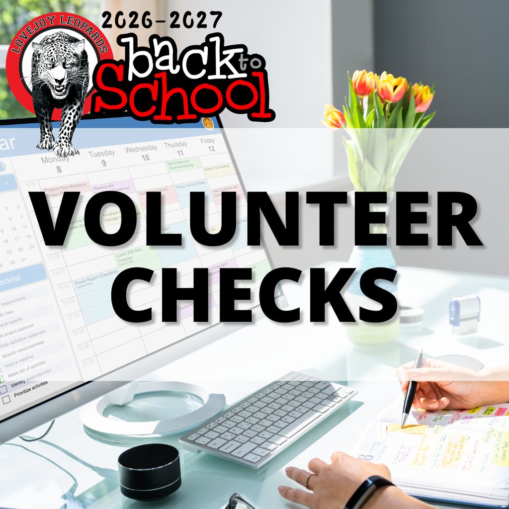 A computer screen displays "Volunteer Checks" and a calendar. A hand holds a pen near papers. A flower vase and flowers sit on the desk.
