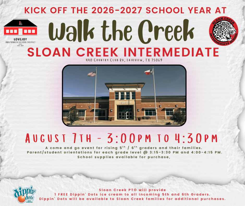 Event flyer for Sloan Creek Intermediate school, featuring a photo of the building and US flags.