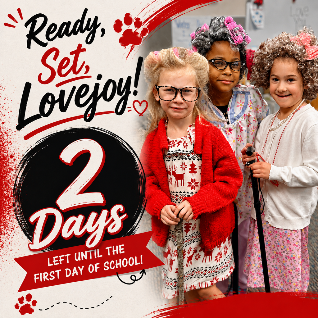 Four children in school uniforms, one with glasses, stand next to a poster with countdown text.