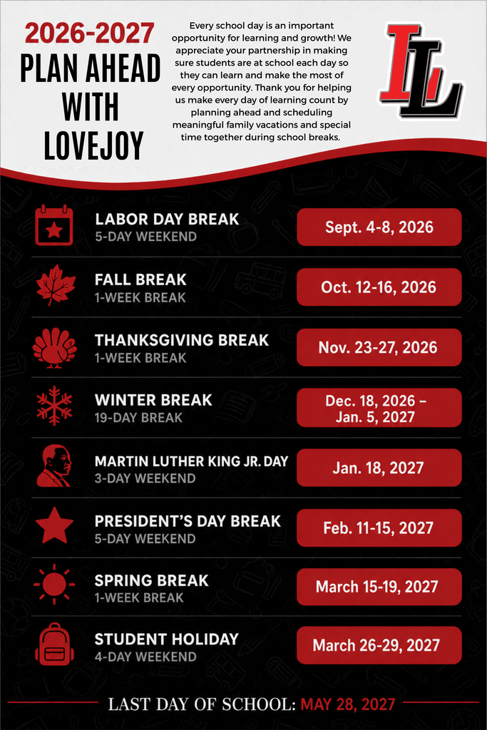 Poster with black background showing school year 2026-2027 breaks with dates and event names.