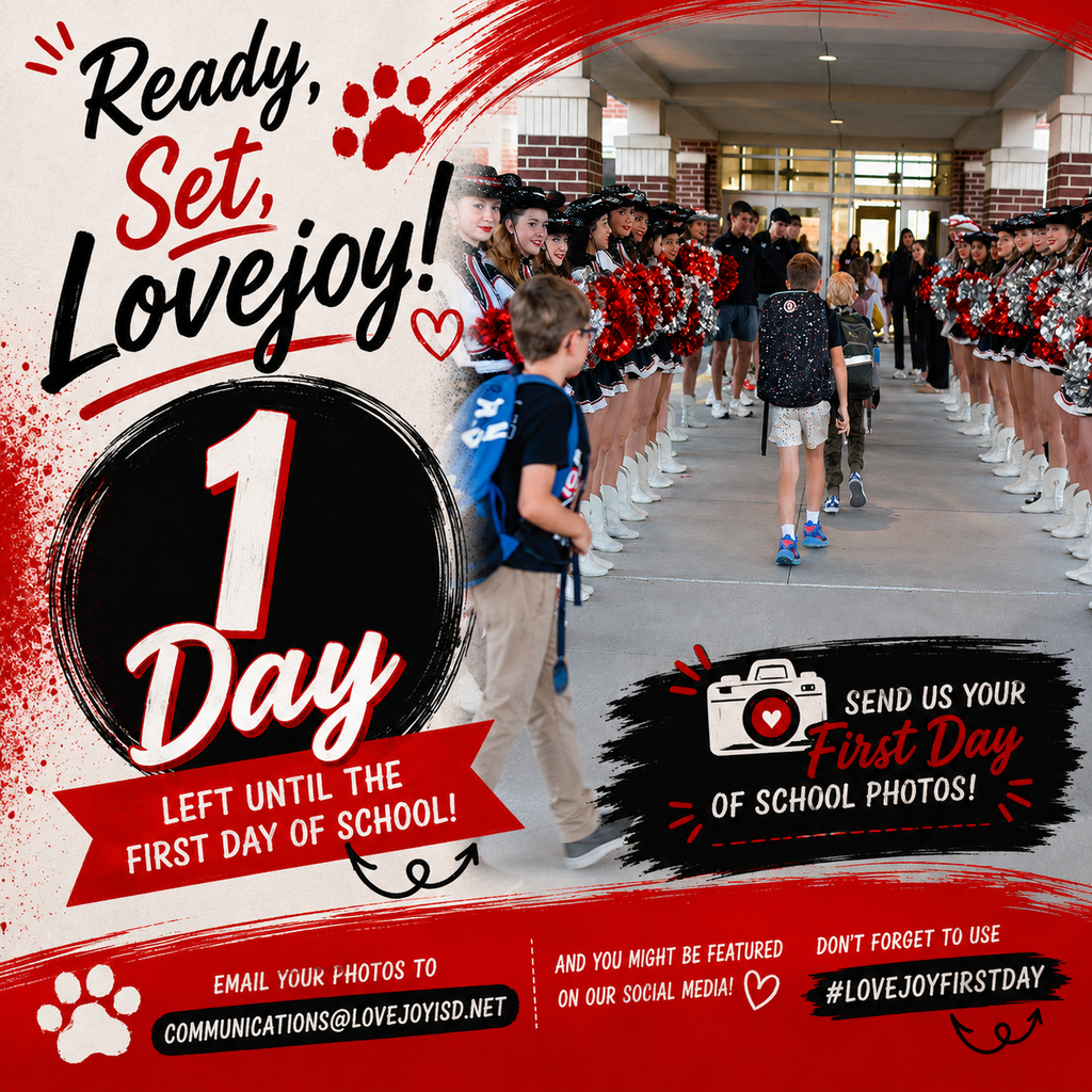 An advertisement poster promotes first day of school photos. A boy walks in the foreground with a backpack.
