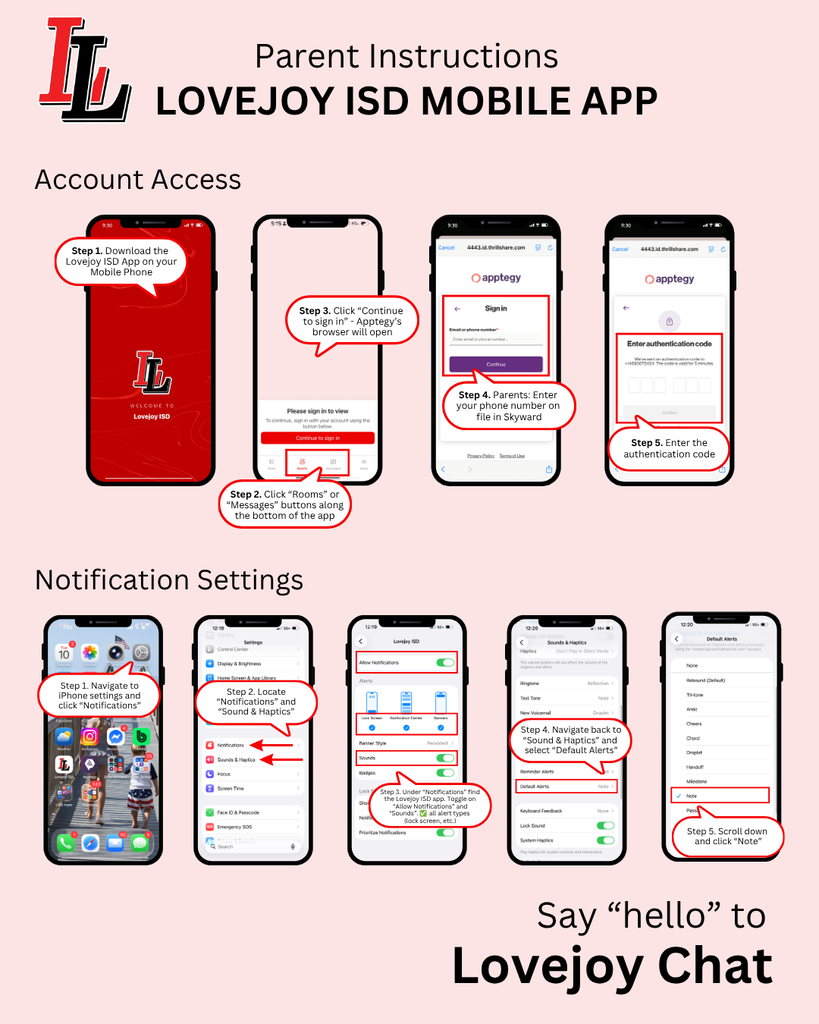 Instructional graphic showing steps for account access and notification settings on the Lovejoy ISD mobile app.