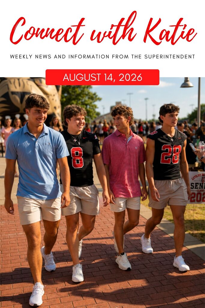 Four people walk on a brick pathway with red text "Connect with Katie" above them. The men wear sneakers and polo shirts with numbers.