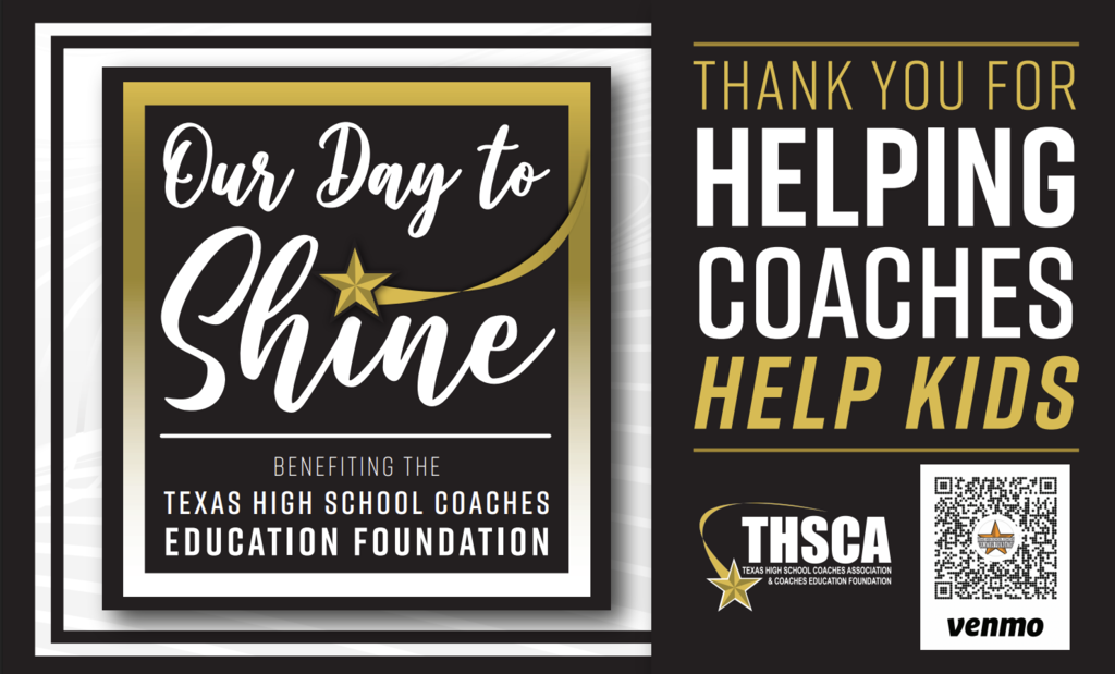 Black and gold poster with "Our Day to Shine" in white, a star, and a thank you message for helping coaches and kids.