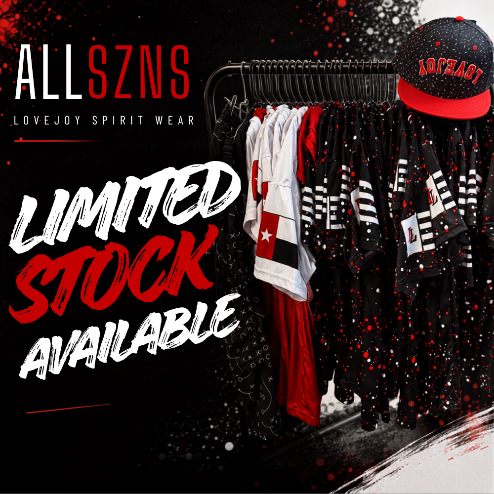 Clothing items on a rack, including caps and t-shirts. Text reads "ALL SZNS" and "LIMITED STOCK AVAILABLE."