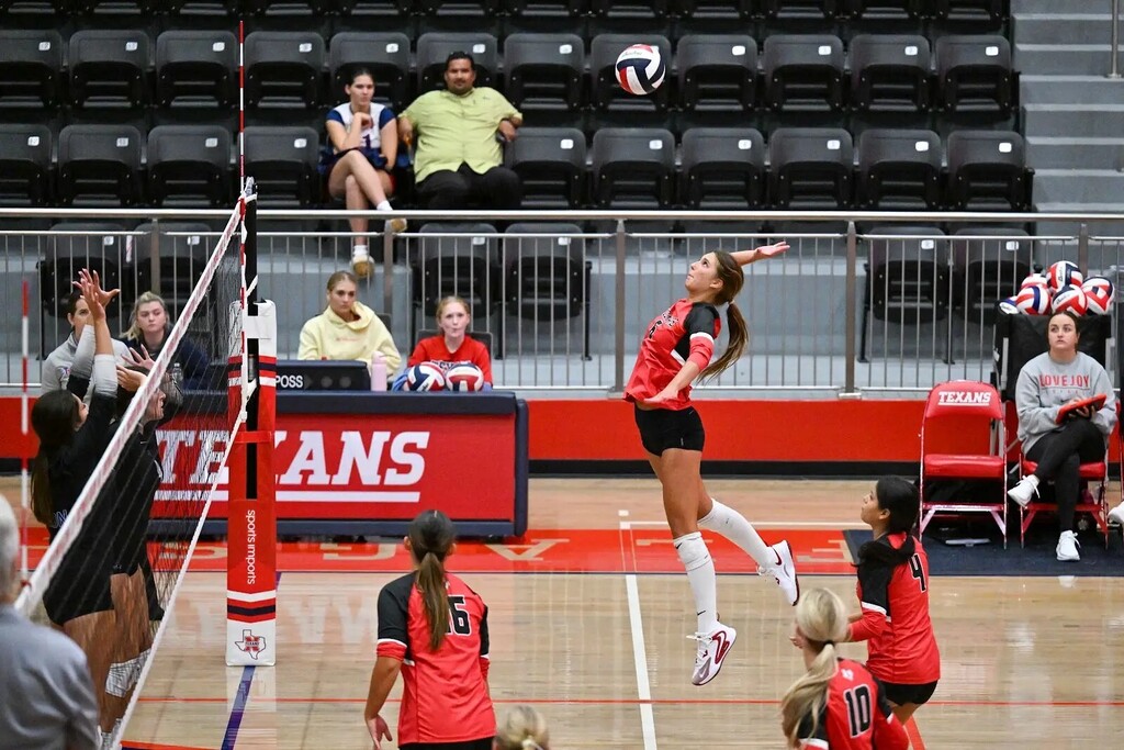 A volleyball player jumps and spikes the ball while teammates watch on the court. Spectators sit in stands.