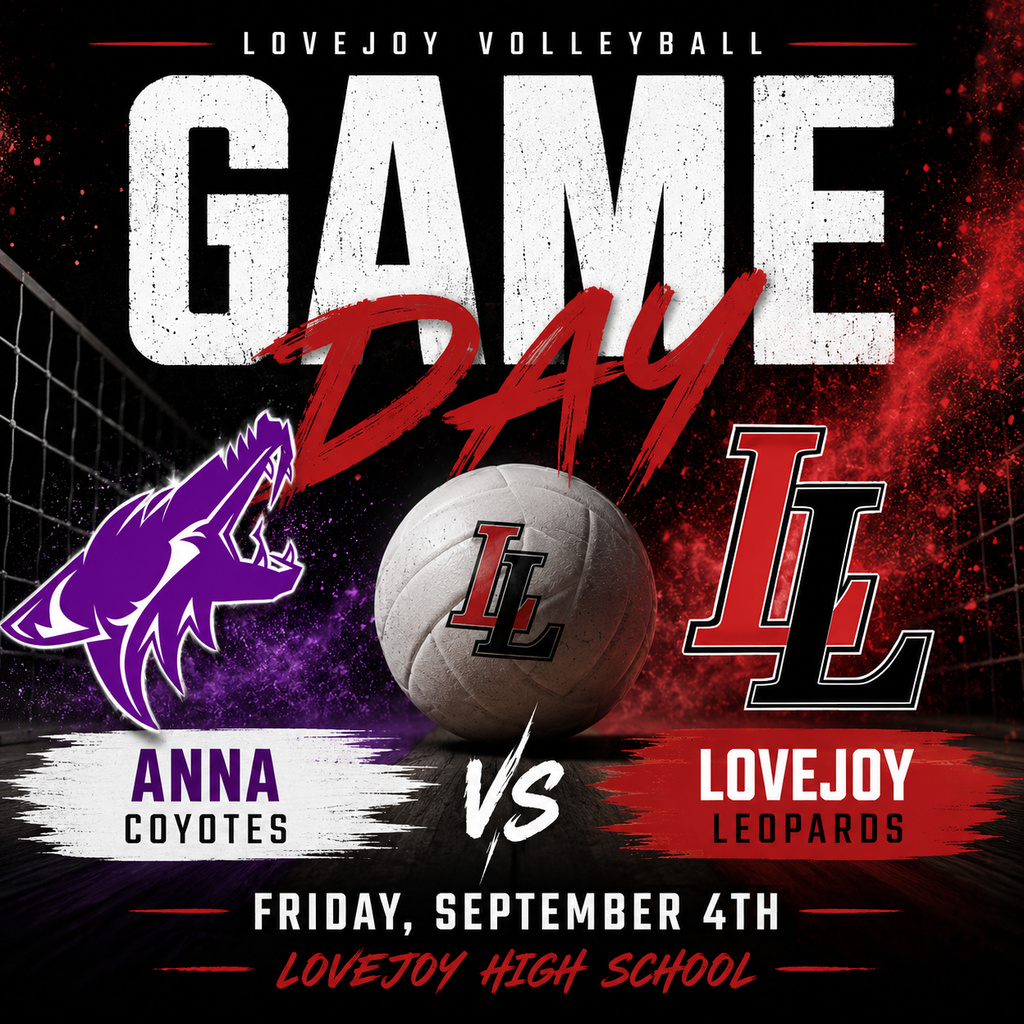 A sports event poster shows teams Anna Coyotes and Lovejoy Leopards. A volleyball is in the center with red and black graphics.