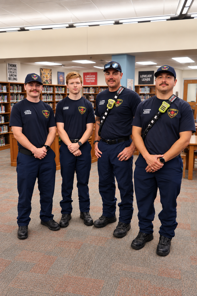 Four firefighters in matching uniforms, standing in a library with bookshelves in the background.