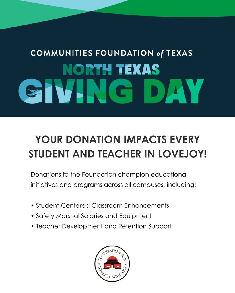 Green and blue colored text on a white background. Title reads "NORTH TEXAS GIVING DAY". Below, bullet points list educational initiatives.
