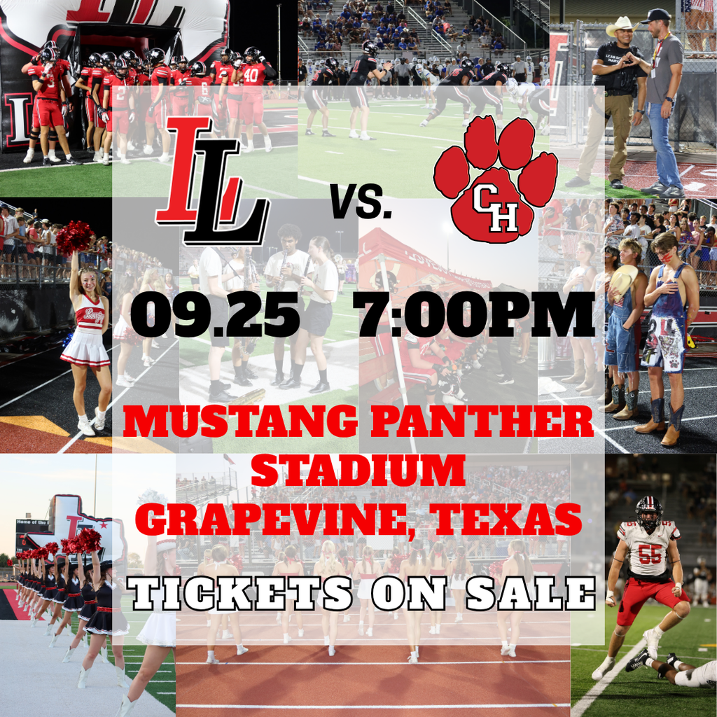 Collage of game photos and players. Text reads: IL vs. CH, 09.25, 7:00PM, Mustang Panther Stadium, Grapevine, Texas. Tickets on sale.