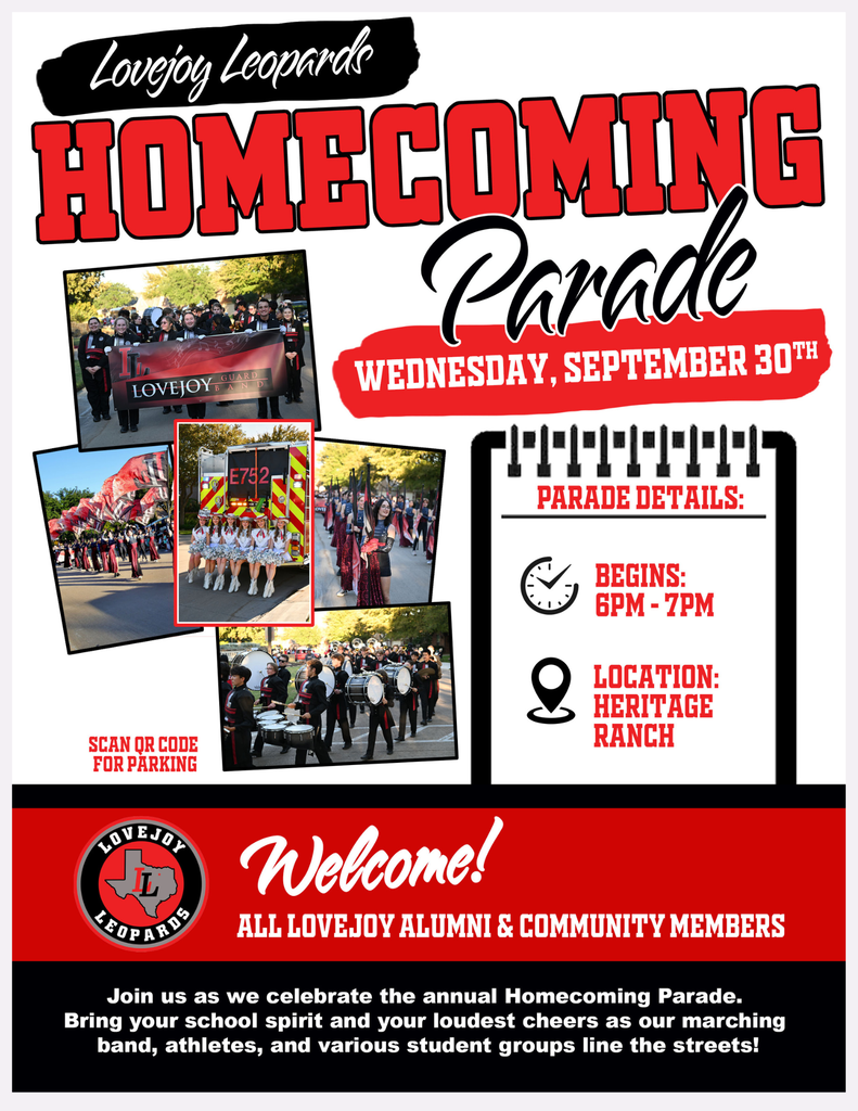 Homecoming parade poster with date, times, and location. Parade details: Begins 6pm-7pm, location Heritage Ranch.