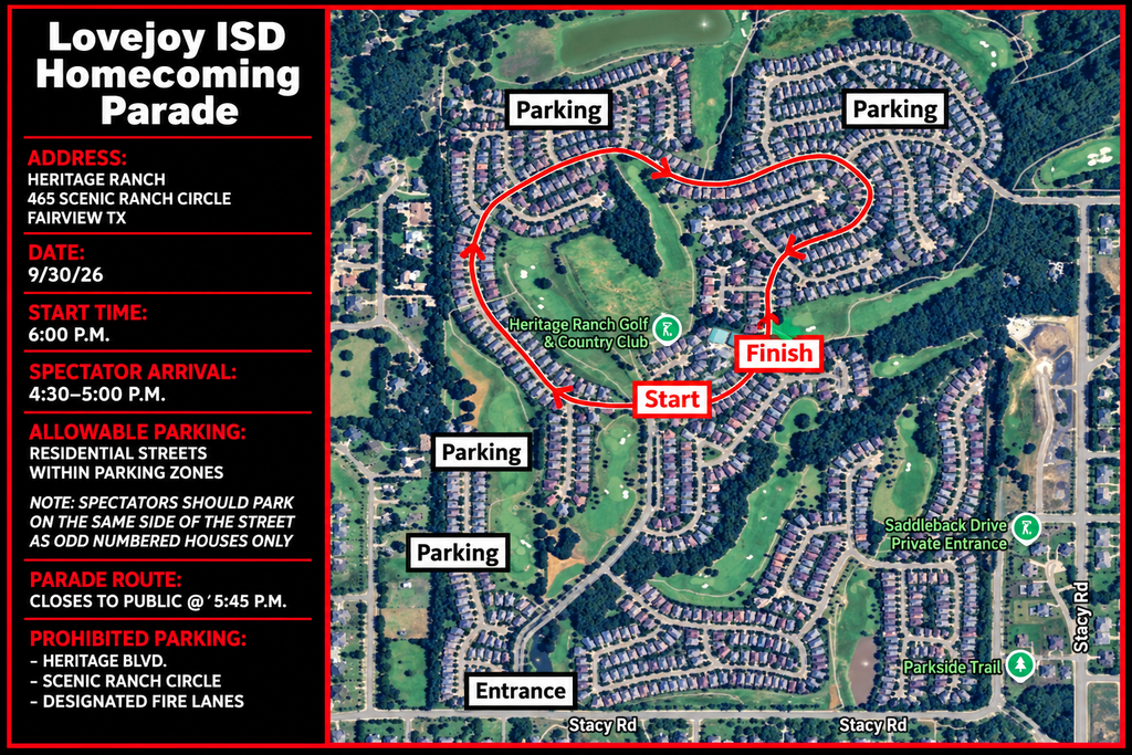 Map shows parade route, parking areas, spectator arrival times, and prohibited parking zones for the Lovejoy ISD Homecoming Parade.