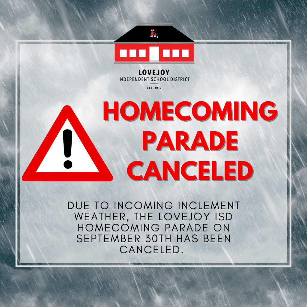Poster with rain background shows canceled Homecoming Parade due to inclement weather. School logo and alert symbol present.