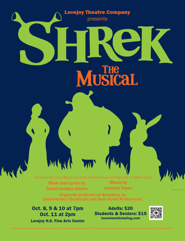 A poster for "Shrek the Musical" by Lovejoy Theatre Company. It features silhouettes of Shrek, Fiona, and a rabbit.