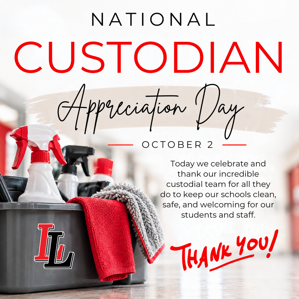 Poster for National Custodian Appreciation Day. Cleaning products in a bin, with red cloth. Text reads "Thank you!".