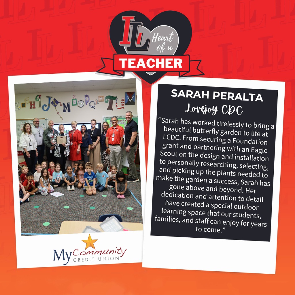A group of educators and children stand before a table and garden. Text highlights Sarah Peralta's efforts in creating a garden.