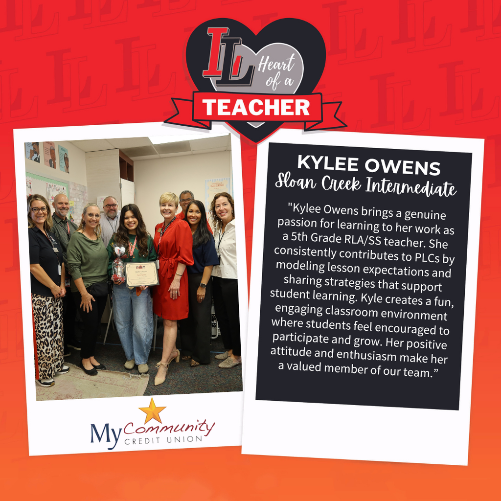 Collage of two images. Left, five educators stand in a room. Right, a testimonial with text. Background is red.