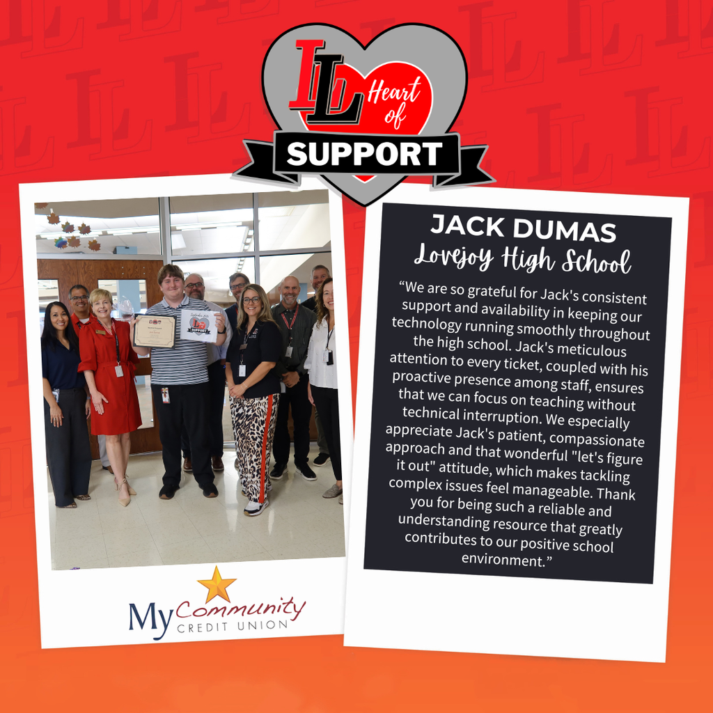A collage includes a group of people, a person holding a plaque, and text about Jack Dumas. A red backdrop is behind the collage.