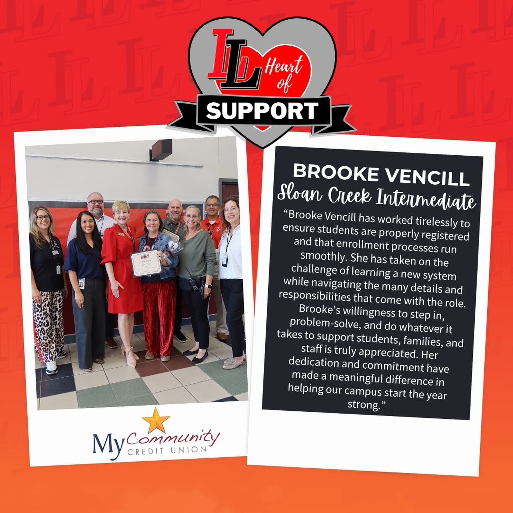 A poster shows a group photo of people in front of a red background. Text reads, "Brooke Vencill Sloan Creek Intermediate."