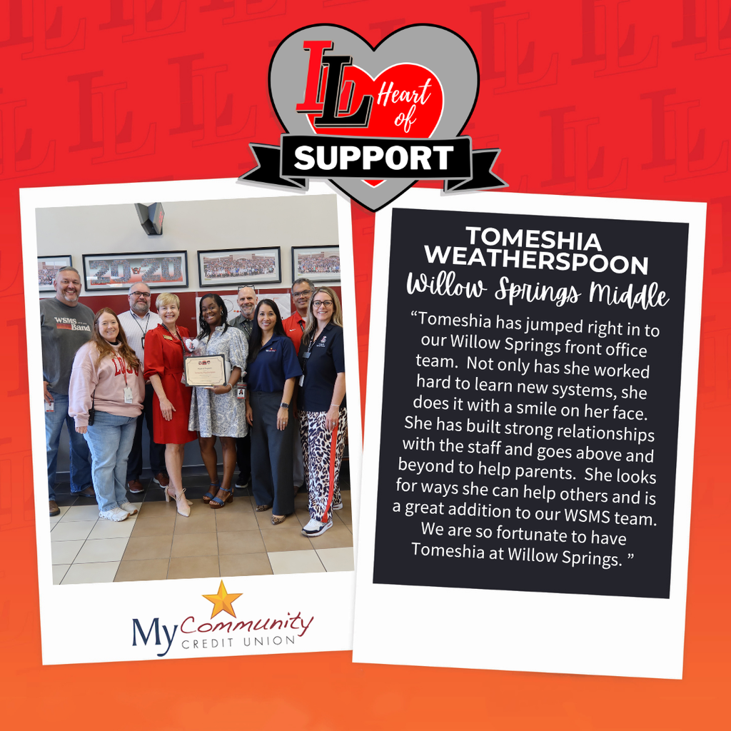 Two collages on a red background. One has a team of people, one holding an award. The other is a testimonial for Tomeshia Weatherspoon.