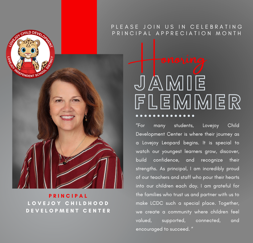A smiling woman in a red-striped shirt, Jamie Flemmer, with text: "Please join us in celebrating Principal Appreciation Month."