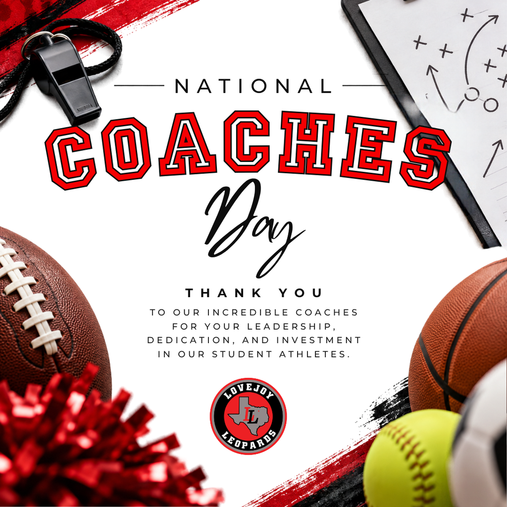 Poster reads "National Coaches Day" in red and black text. Includes a whistle, football, basketball, softball, and pom-poms.