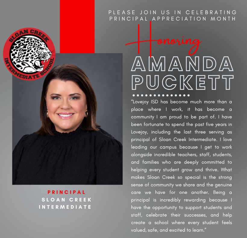 Woman wearing a black top smiles at camera. Text reads "Honoring Amanda Puckett Principal Sloan Creek Intermediate".
