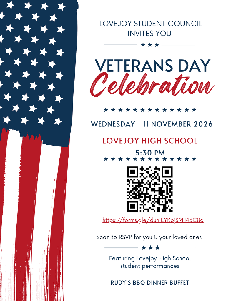 Invitation for Veterans Day event at Lovejoy High School. Includes American flag, RSVP QR code, date, time, and details about student performances.