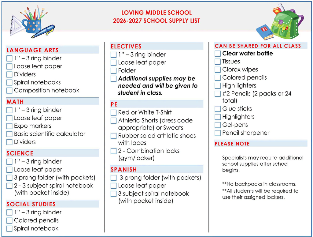 2026-2027 school supply list. Printable and screen-reader friendly version linked in post.
