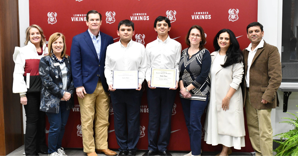 Aarin & Aarav Dave with Rep. Austin Scott, Principal Pearson, Superintendant Wilcher, Teacher Ms. Tindall, and parents