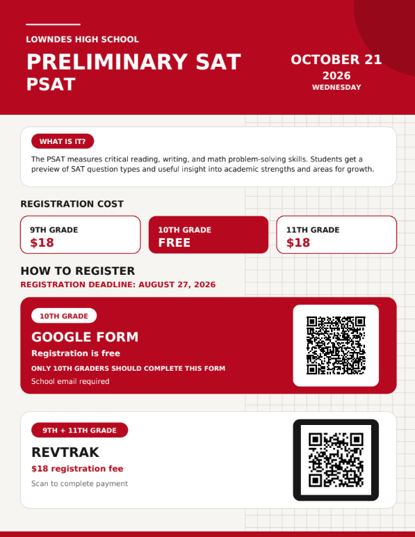PSAT Registration flier with QR codes for registration