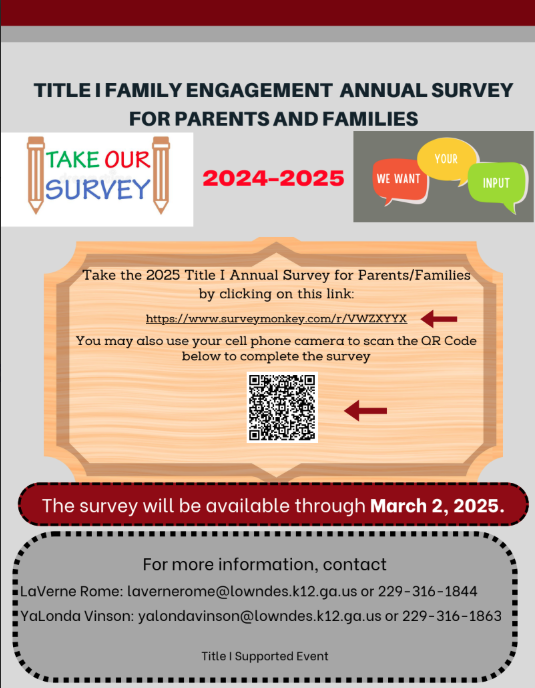 We value your input! All Title I families are encouraged to share their feedback by completing the Title I Annual Survey for Families, available through March 24, 2025. Please do so by clicking on the link below or scanning the QR Code.  Your input is very important to us!  Title I Survey - English Title I Survey - Spanish