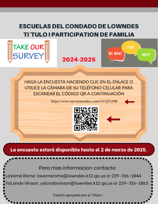 We value your input! All Title I families are encouraged to share their feedback by completing the Title I Annual Survey for Families, available through March 24, 2025. Please do so by clicking on the link below or scanning the QR Code.  Your input is very important to us!  Title I Survey - English Title I Survey - Spanish