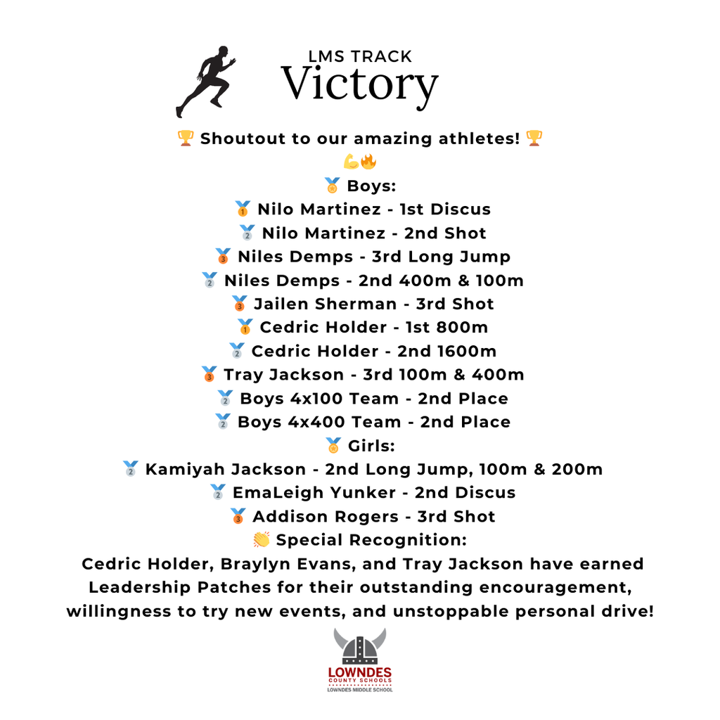 HUGE congrats to our LMS track stars! 🏆 Nilo, Niles, Jailen, Cedric, Tray, Kamiyah, EmaLeigh, Addison, and our relay teams rocked it tonight! Plus, shoutout to Cedric, Braylyn, and Tray for earning leadership patches! And a massive THANK YOU to our amazing staff volunteers! #GoVikings #LMSTrack