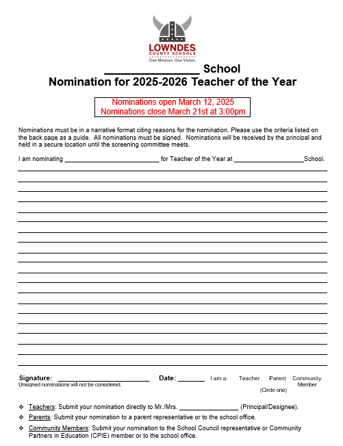 Teacher of the Year Nomination