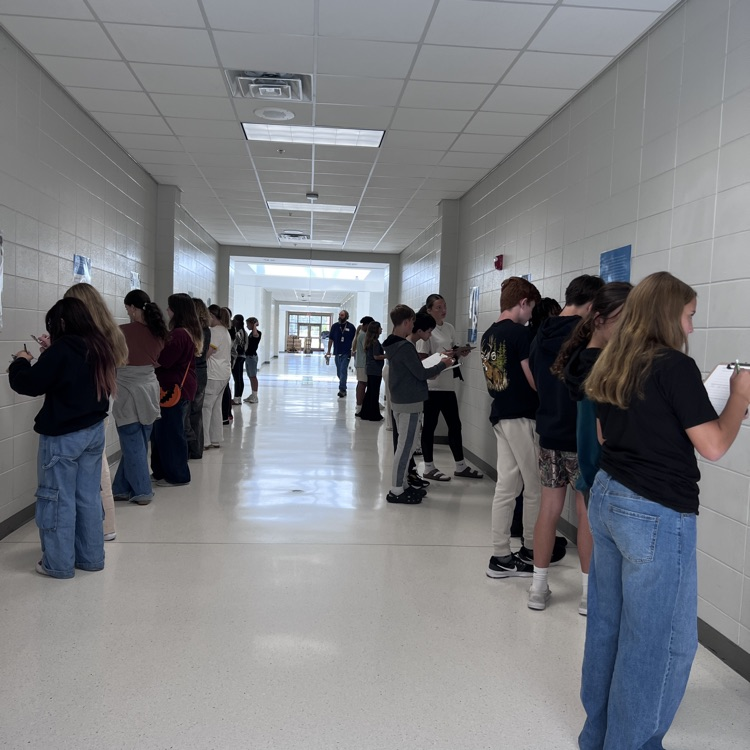 students studying posters on display
