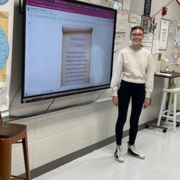 student standing by preamble