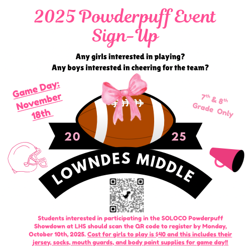 🏈💗 Powderpuff 2025 — It’s Game Time! 💗🏈 Are you a 7th or 8th grade girl who wants to play? Or a boy ready to bring the spirit as a cheerleader? Sign-ups are officially OPEN! Game Day is November 18th, and the cost is $40 (covers jersey, socks, mouthguard & body paint 👀🔥). 👉 Register here: https://docs.google.com/forms/u/0/d/1zF84Yzalbye1S_ZAsZlb9IHvFcv1HpZz23I8RsVTyjY/viewform?pli=1&pli=1&edit_requested=true Let’s show LHS what LMS is made of at the SOLOCO Powderpuff Showdown! 💪🐾