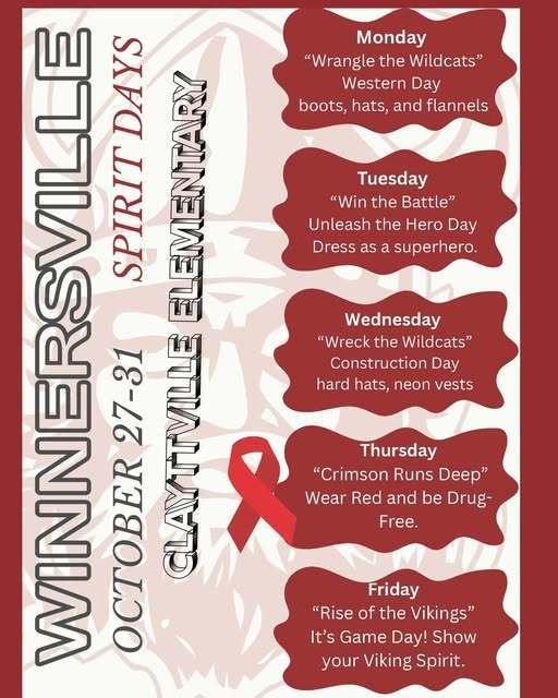 Get ready to show your Viking Spirit! During the week of October 27–31, we’re celebrating Winnersville Week and Red Ribbon Week. Each day will feature fun and creative dress-up themes—check out the flyer below for all the details. Let’s unite as a school and show our Viking pride all week long!
