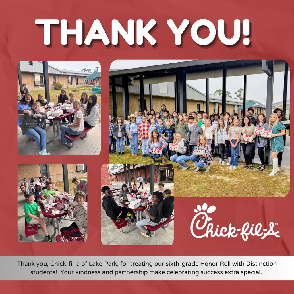 We’re so thankful for our friends at Chick-fil-A Lake Park for treating our sixth-grade Honor Roll with Distinction students! 🎉 Your kindness and partnership make celebrating success extra special. We’re grateful for community partners who invest in our students and take time to recognize their hard work and dedication. Thank you for helping us celebrate excellence in such a meaningful way!