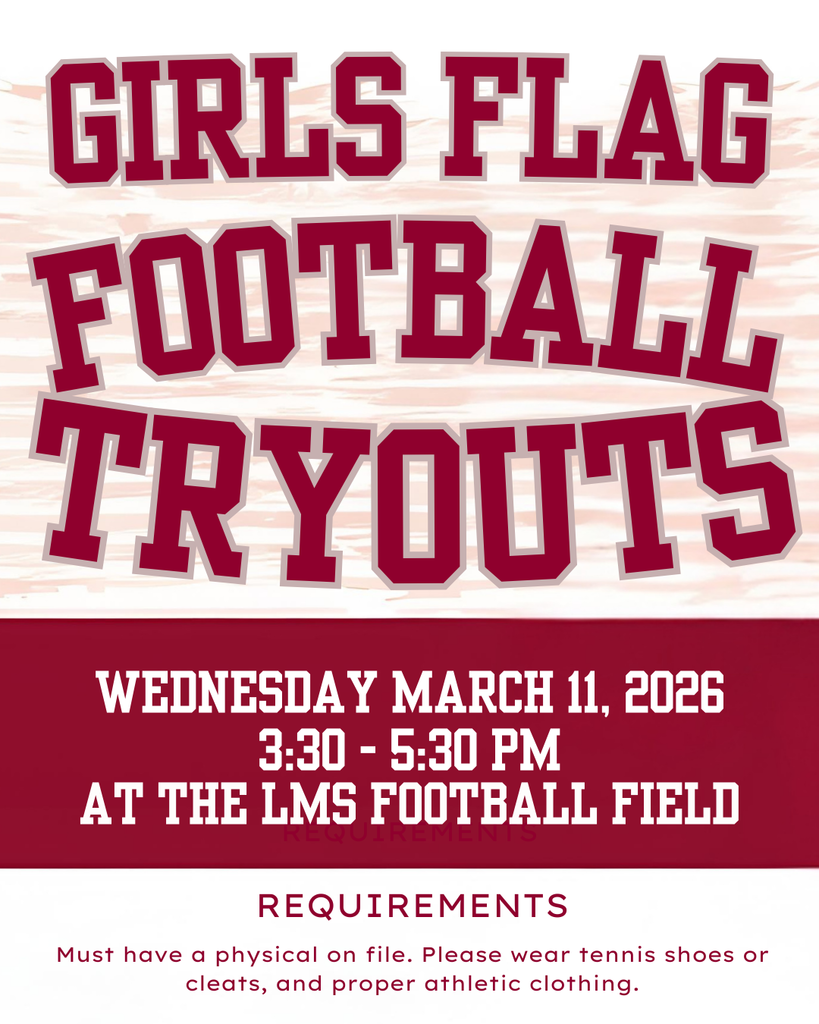 Ready to make history on the field? 🏈✨  Girls Flag Football tryouts are officially here! Whether you're a seasoned pro or picking up a football for the first time, we want to see you out there. Bring your game face, your cleats, and your hustle.  📍 Where: LMs Football Field 🕒 When: Wednesday, March 11 | 3:30 - 5:30 PM 👟 Gear: Tennis shoes/cleats & athletic wear 📋 Note: You MUST have a physical on file to participate!