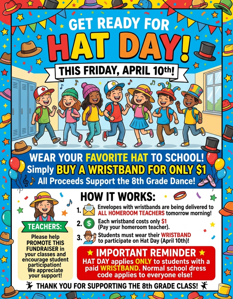 Put on your favorite thinking cap (or any hat, really!) for a great cause! 🧢🎓 We are hosting Hat Day this Friday, April 10th! Whether it’s a beanie, a baseball cap, or something totally wild, we want to see it in the halls. 🗓️ THE DETAILS: When: This Friday, April 10th. Cost: Only $1 for a wristband. The Cause: All proceeds go directly toward supporting the 8th Grade Dance! 💃🕺 ❓ HOW TO PARTICIPATE: Grab your dollar: Bring $1 to school tomorrow morning. See your teacher: Wristbands will be available through your homeroom teacher. Rock the hat: Wear your wristband and your favorite hat on Friday!