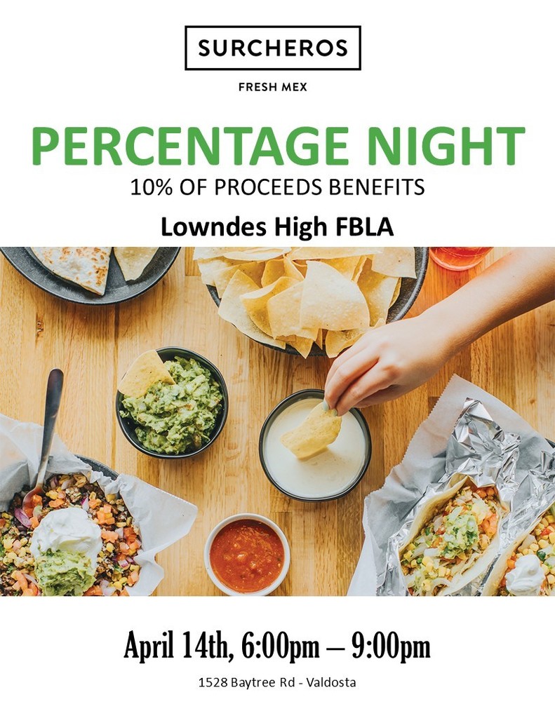 Surchero's on Baytree Rd. Percentage Night for FBLA April 14th 6-9pm  