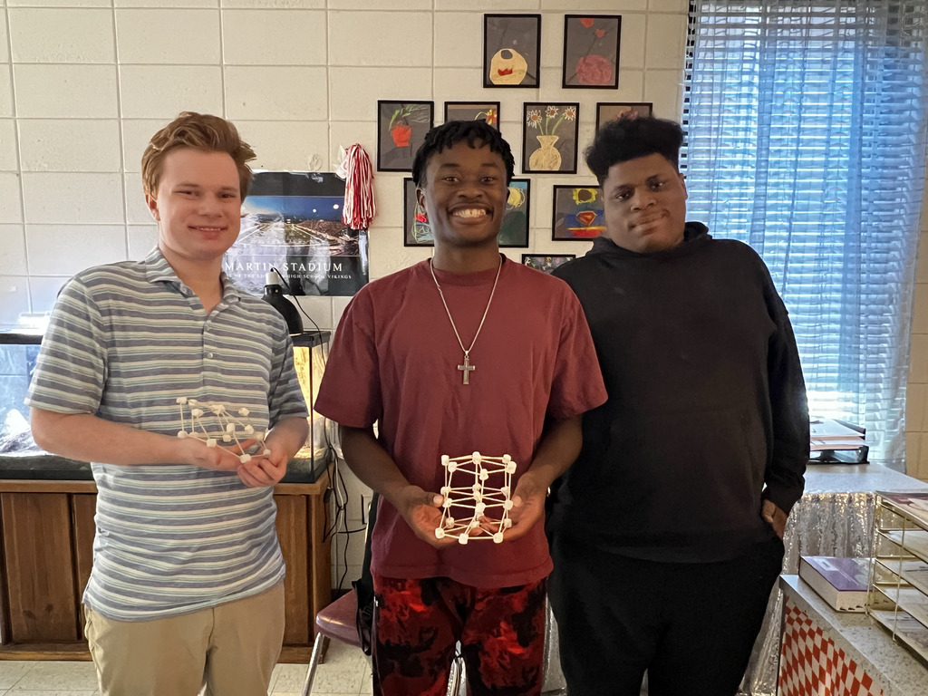 Students with structures they built out of toothpicks and marshmallows